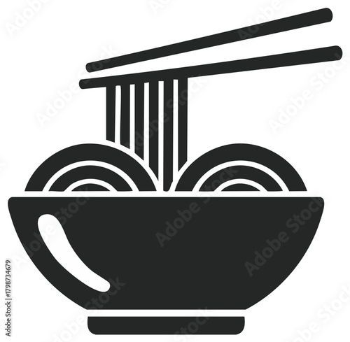Minimalist black icon of an Asian noodle soup bowl with chopsticks lifting noodles