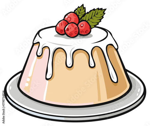 Pudding dessert with cream frosting, red berries and mint leaves served on a plate, cartoon illustration