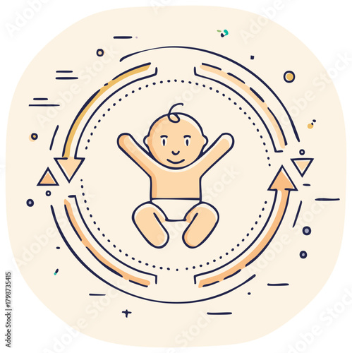 Cartoon Baby Development Cycle Graphic Illustration, Child Growth, Arrows, Newborn Care, Infancy, Round Progression, Line Art