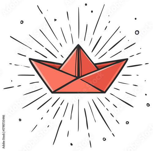 Red paper boat icon with light rays, origami vessel symbol illustration