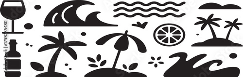 Vector silhouette of a tropical beach and resort landscape with palm trees and ocean waves