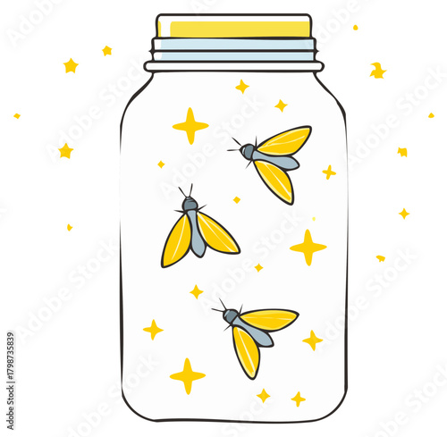 Whimsical illustration of fireflies in a mason jar with glowing star elements, cute