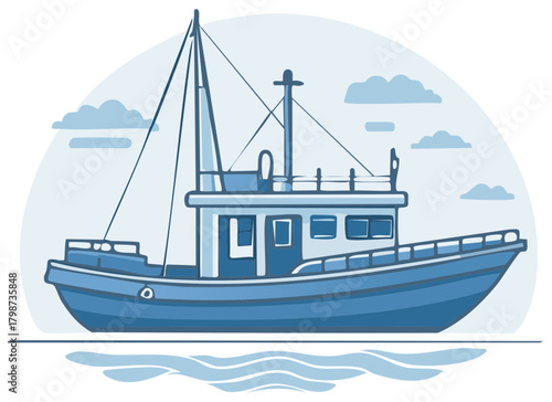 Blue Fishing Boat Illustration on Water with Sky and Clouds for Commercial Projects