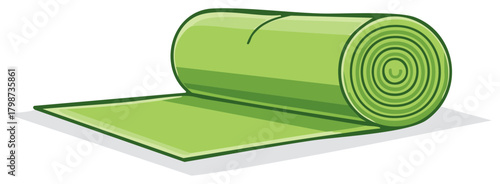Rolled out green yoga mat cartoon style illustration