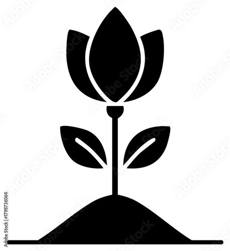 Minimalist black flower plant icon with leaves growing from earth mound