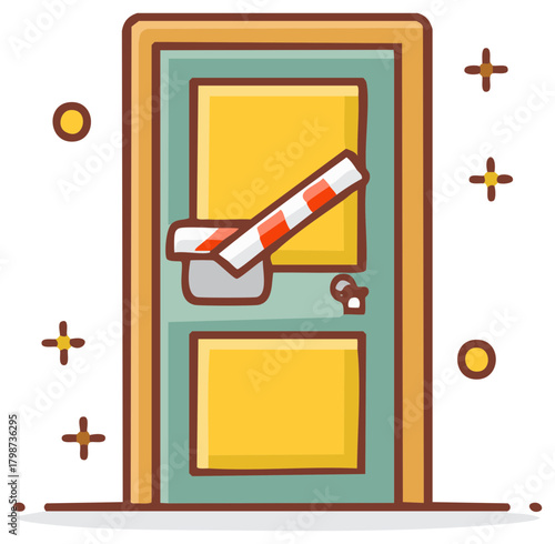Cartoon Door Barricaded with Striped Plank for Security or Quarantine, Safety Measures
