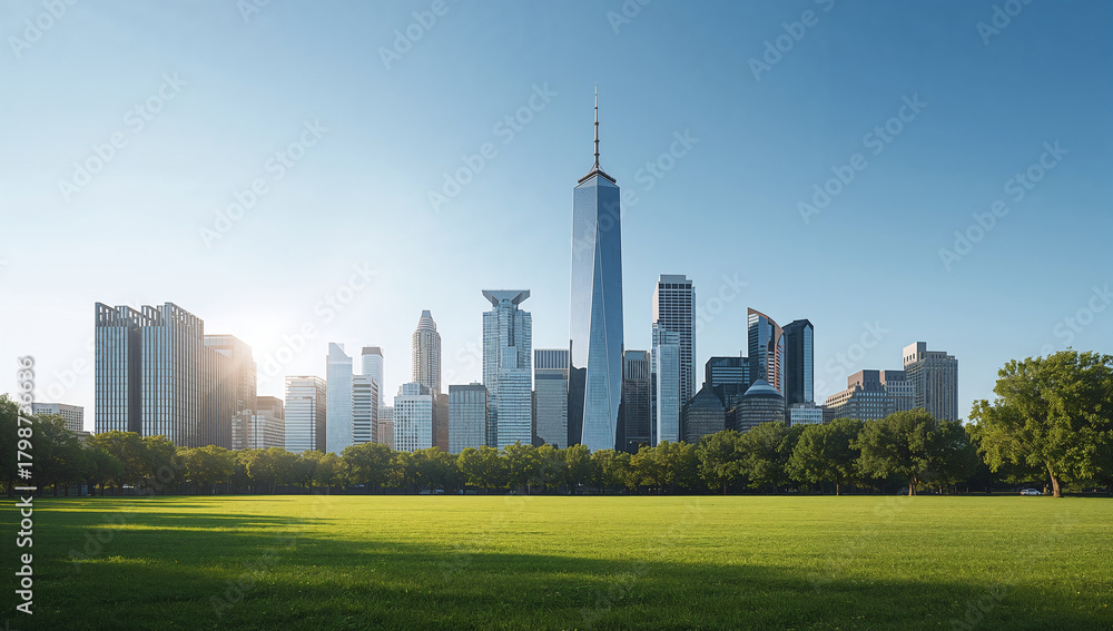Obraz premium A wide view of an urban area with modern buildings, symbolizing corporate growth and environmental harmony.