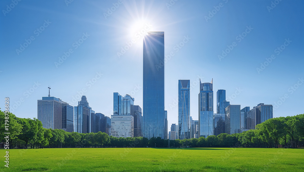Obraz premium A panoramic view of a city’s modern skyline surrounded by green parks, symbolizing progress and nature.