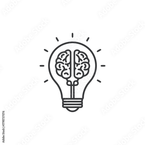 brain, light bulb, idea, innovation, thinking, intelligence, creativity, knowledge, concept, symbol, icon, line art, outline, drawing, simple, minimalist, white background, vector, illustration, inspi