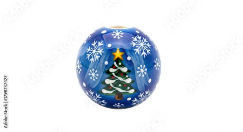 Blue christmas ball with a christmas tree and snowflakes isolated on transparent background