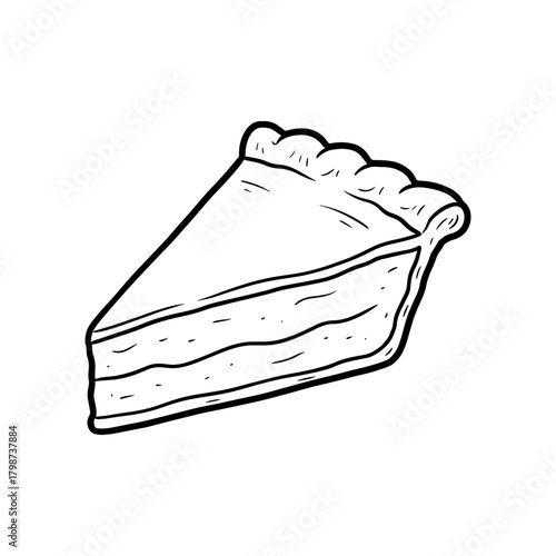 A slice of pie with a crusty edge and layered filling in black and white line drawing style illustration