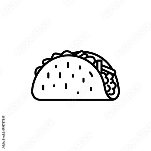 Illustration of a simple taco with visible filling and dotted shell in a black outline style image