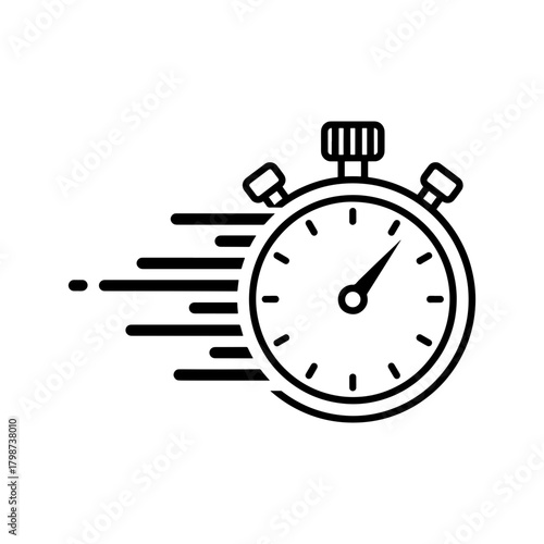 Illustrated stopwatch with motion lines indicating speed and efficiency in black and white design