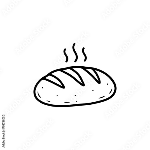 Hand drawn loaf of bread with steam rising from it in a simple black and white illustration style