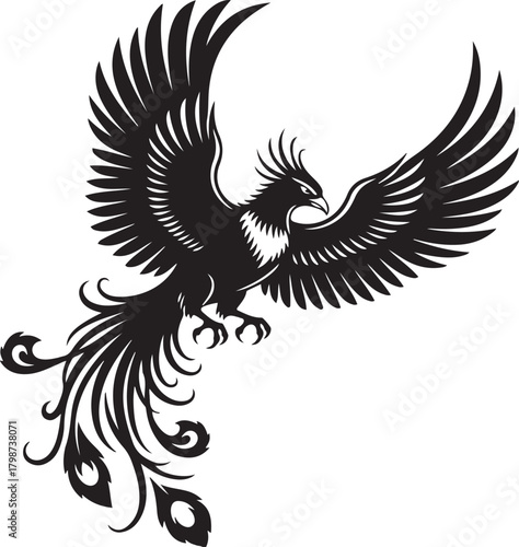 Black silhouette of a mythical phoenix bird with outstretched wings and flowing tail feathers