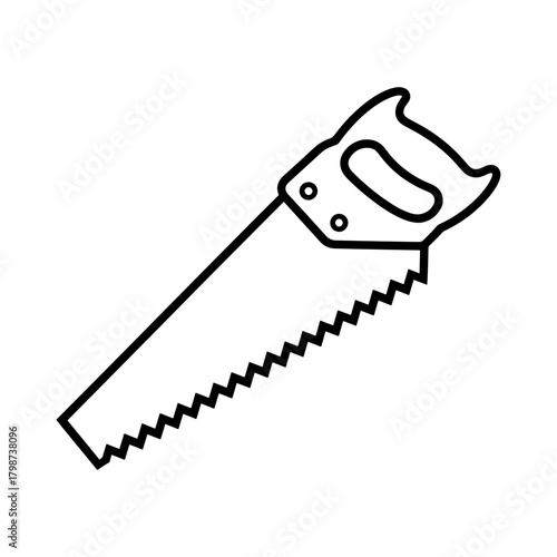 Illustration of a hand saw with a black outline and a handle for gripping while cutting wood objects