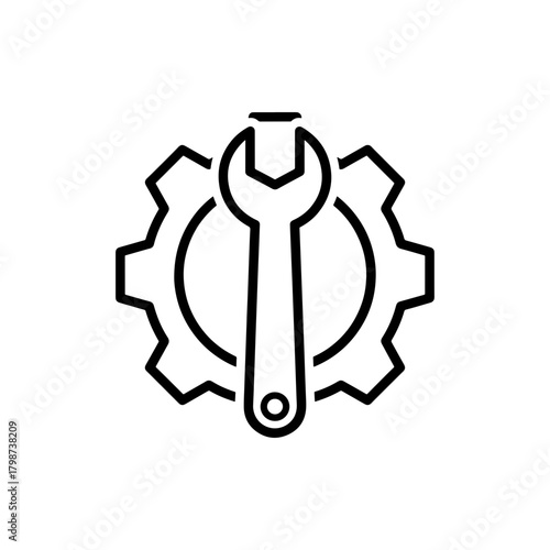 Illustration of a wrench tool placed over a gear wheel in black and white outline drawing style design