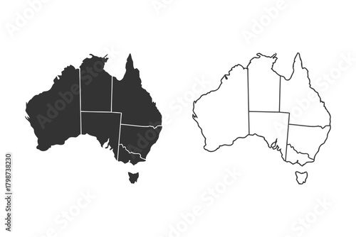 australia, map, continent, oceania, geography, cartography, silhouette, outline, graphic, design, vector, illustration, isolated, white background, dark gray, black and white