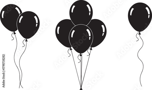 Collection of black balloons in different arrangements on a white background party