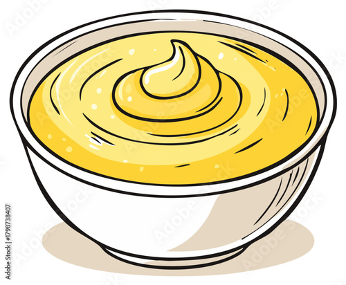 Cartoon illustration of a bowl filled with yellow sauce or dip for cooking and food concept