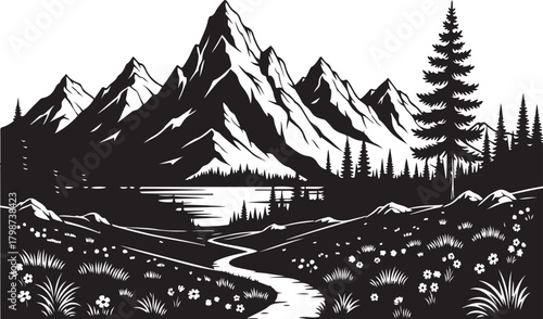 Majestic mountain range with a winding river and wildflowers mountains peak