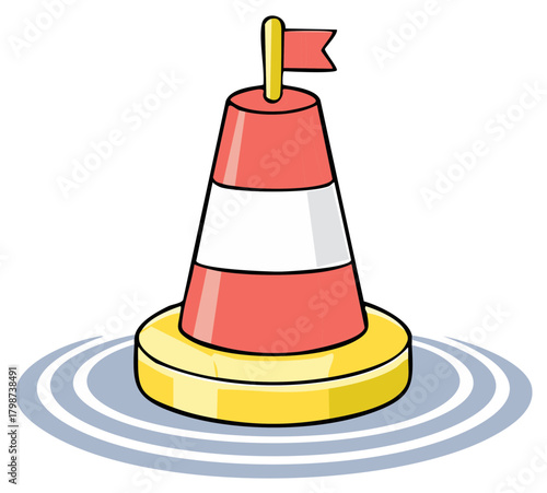 Cartoon illustration of a red and white buoy with a small red flag on a yellow base in blue water