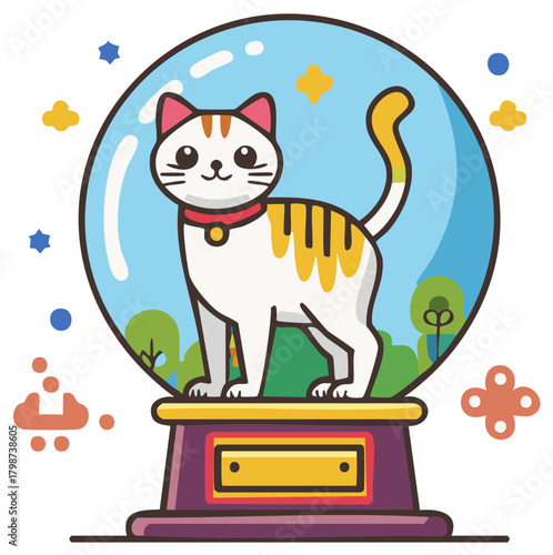 Cartoon Cat Inside Glass Snow Globe with Colorful Decoration Stars and Trees