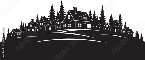 Silhouette of a village with houses and pine trees on rolling hills Keywords: village, town, houses, homes