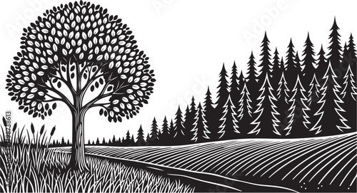 Silhouette of a tree, reeds, and a field with a forest background oak tree leaves