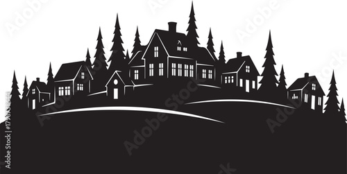 Silhouette of a village with houses and pine trees on rolling hills town homes
