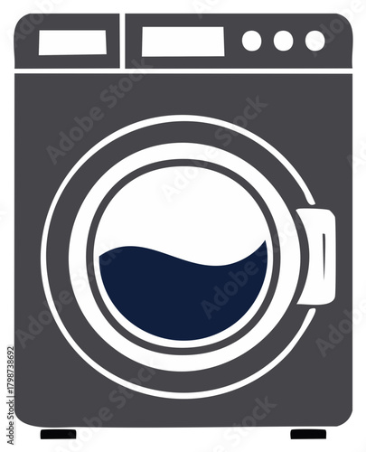 Modern front load washing machine with clear window showing water and dark interior