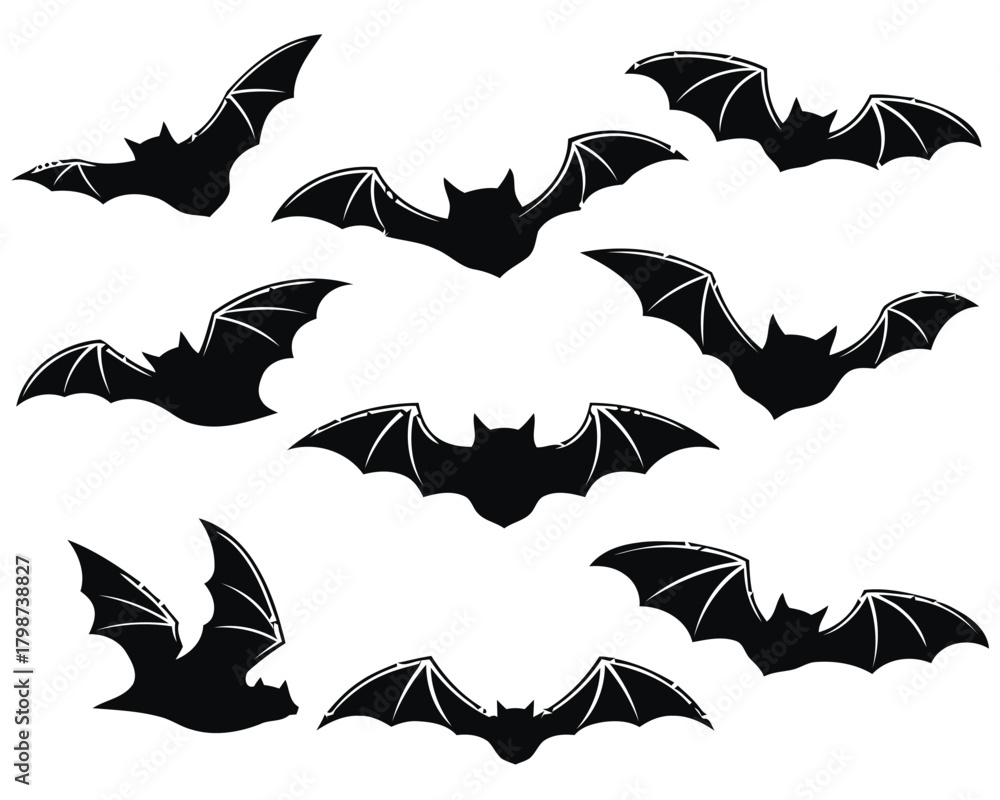Naklejka premium halloween, bats, silhouette, flying, spooky, scary, night, creature, animal, dark, black, white background, isolated, set, collection, graphic, design element, horror, autumn, celebration, winged, mam