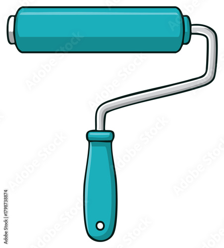 Isolated Turquoise Paint Roller with Steel Handle in Cartoon Style, Remodeling or Painting Equipment