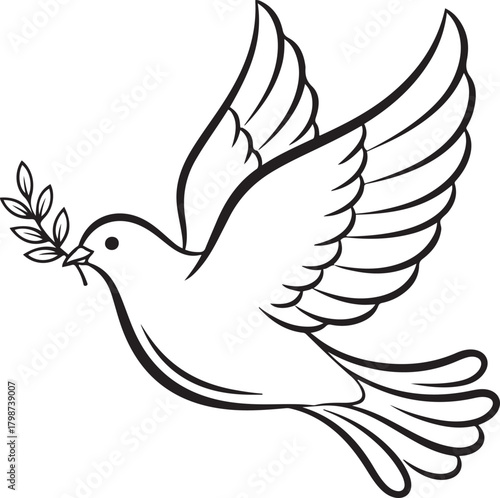 Stylized black and white line art dove with olive branch in beak flying bird peace
