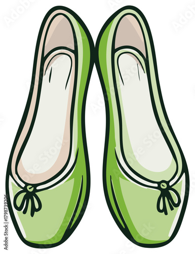 Stylish pair of lime green ballet flat shoes with bows, feminine fashion vector illustration