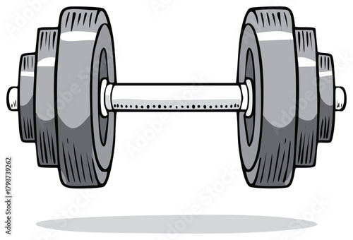 Cartoon dumbbell with textured weight plates and knurled grip isolated