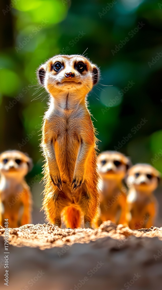 Fototapeta premium Alert Meerkat with Family in Background