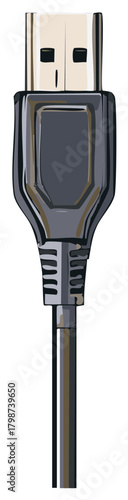 Stylized USB cable illustration, close up view, data transfer connector, connection port