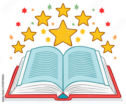 Book opening with gold stars floating, vector educational illustration, knowledge and learning concept, fantasy stories symbol