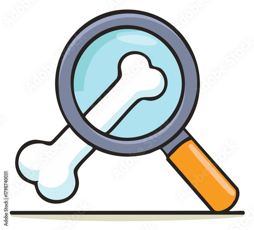 Magnifying glass with bone. Concept of research, study, or medical examination of bones in illustration.