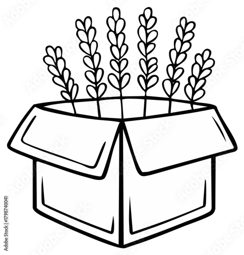 Hand-drawn box overflowing with blooming lavender sprigs, symbolizing nature's gifts and fragrant harvest