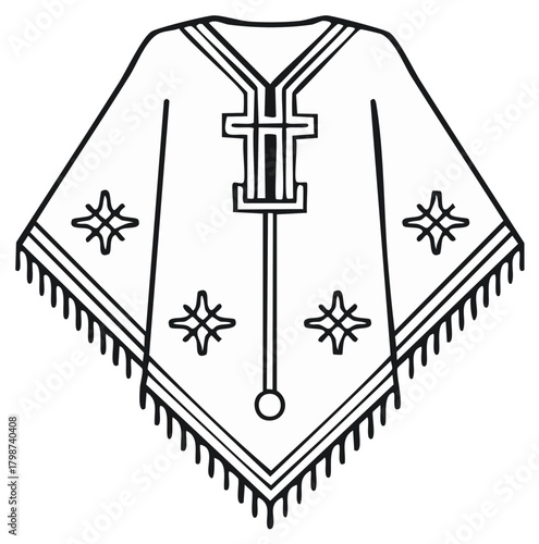 Traditional Southwestern Poncho with Decorative Fringe and Geometric Star Patterns