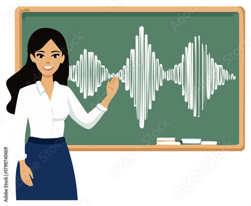Woman Teacher Explaining Sound Wave Diagram on a Classroom Chalkboard