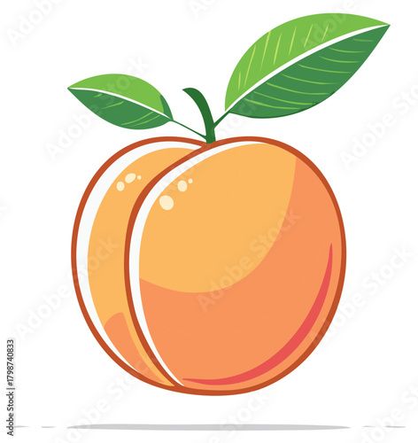 A vibrant flat illustration of a ripe peach with green leaves and a stem