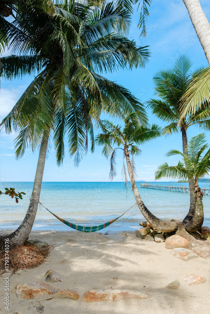 Fototapeta premium Relaxing by the beach at Koh Kood Island in Thailand under swaying palm trees