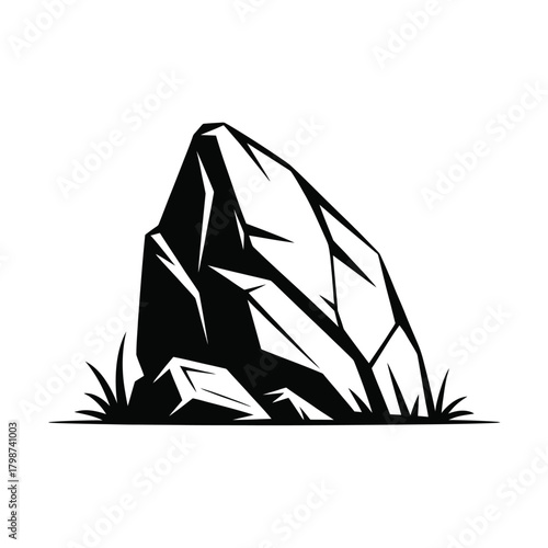 Black and white illustration of a jagged rock formation with grass