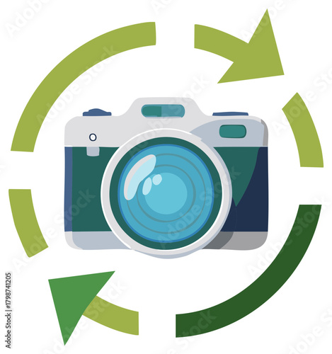 Digital camera with recycle icon, symbol for continuous shot and image processing, photographic cycle concept