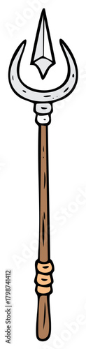 Cartoon magical staff with stylized trident spearhead and wooden handle vector illustration