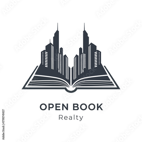 Open Book Realty Logo Featuring Cityscape Silhouette on Open Book Pages.