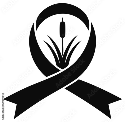 Simple black ribbon forming a loop with a cattail plant and grass silhouette inside, symbolizing remembrance and wetland nature